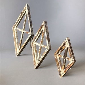 Set 3 Diamond Wood Window Frames, Wood Decorative Panels, Architectural Decor, Rustic Farmhouse Decor, Wall Art, White Wood Window Frame