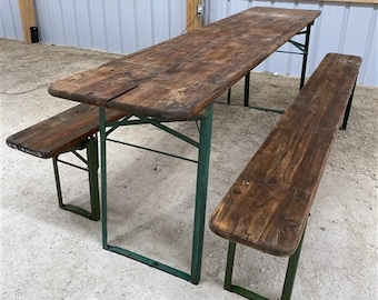 Wood Vintage German Beer Garden Table and Benches, Oktoberfest Picnic Table, D46, Patio Furniture Table, Folding Table, Portable Table
