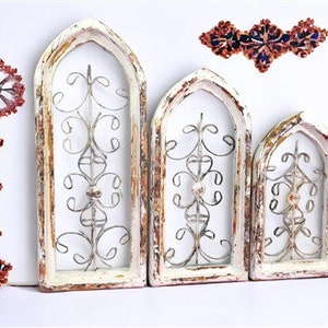 3 Arched Wood Metal Gothic Window Frames, Architectural Church Window Frames