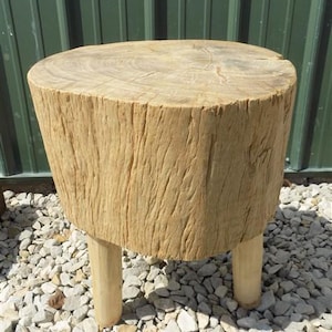 May include: A natural wood side table or stool. The round top is made from a tree trunk slice, supported by three cylindrical legs. The wood has a light brown color and a textured surface, showcasing the natural grain.