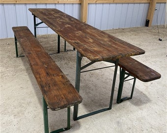 Wood Vintage German Beer Garden Table and Benches, Oktoberfest Picnic Table, D38, Patio Furniture Table, Folding Table, Portable Table