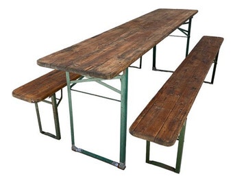 Wood Vintage German Beer Garden Table and Benches, Oktoberfest Picnic Table, D65, Patio Furniture Table, Folding Table, Portable Table