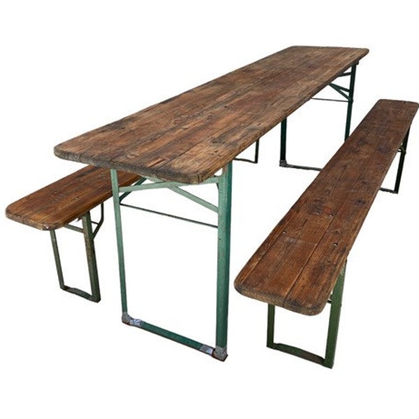 Wood Vintage German Beer Garden Table and Benches, Oktoberfest Picnic Table, D65, Patio Furniture Table, Folding Table, Portable Table
