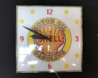 Shell Motor Oil Clock, Gas Station Lighted Pam Clock, Vintage Advertising Sign, Advertising Clock, Pam Clock, Lighted Clock, Vintage Clock