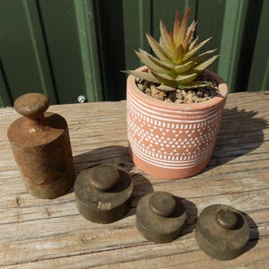 May include: An assortment of antique metal weights and a decorative terracotta pot with a succulent plant. The weights are various sizes and shapes, with a rusty brown patina. The pot has a white geometric pattern.