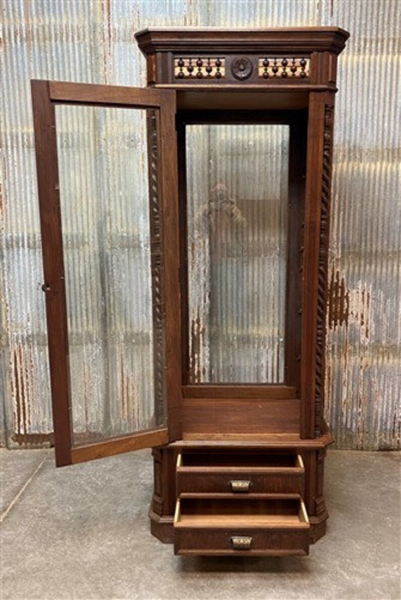 Walnut Display With Glass Doors Vintage Curio Etsy