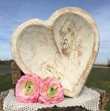 White Wood Heart Bread Dough Bowl Rustic French Country Carved Centerpiece A1 Wood Carved Heart Centerpiece Rustic Farmhouse