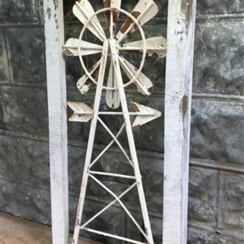 Windmill Wood Metal Window Frame, Rustic Farmhouse Decor, Windmill Decor A, White Wood Window Frame, Rustic Home Decor, Windmill Wall shops Hangin