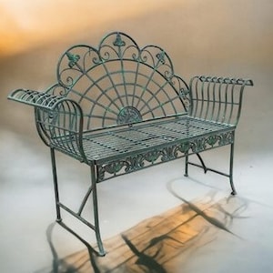 Park Bench, Outdoor Garden Bench, Green Metal Patio Furniture, Elegant Bench A