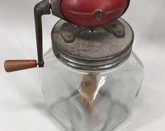 Dazey No 40 Butter Churn, Red Football Top Glass Hand Crank Wood Paddle Churn