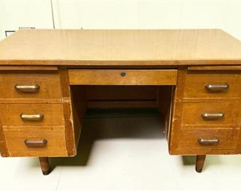 54" Wood Desk, Vintage Mid-Century Double Pedestal 6 Drawer Home Office Desk,