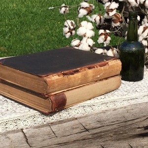 May include: Two antique books with brown leather covers and aged pages, stacked on a white lace tablecloth with a green glass bottle in the background.