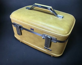 American Tourister Makeup Train & Travel Case, MC Mid Century Hand Luggage, Vintage American Tourister, Makeup Train Case, Yellow Gold