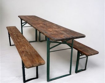 Wood Vintage German Beer Garden Table and Benches, Oktoberfest Picnic Table, D45, Patio Furniture Table, Folding Table, Portable Table