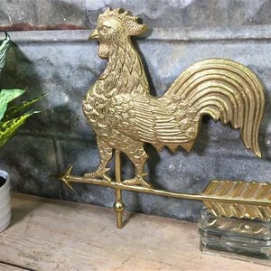 Strutting Rooster on Weathervane, Brass Wall Mount Chicken Country Decor Vintage