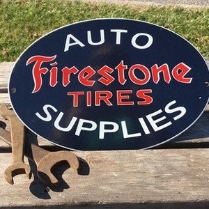 Firestone Tires Auto Supplies Sign, Metal Porcelain Advertising, Gas Station C Firestone Advertising, Metal Porcelain Advertising Sign