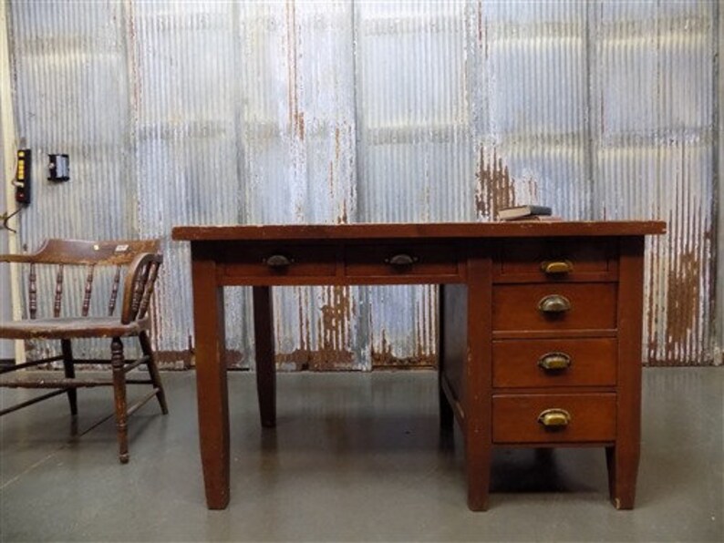Vintage Wooden Desk With Drawers Writing Teachers Mid Century A Student Solid Wood Knee Hole Computer
