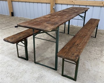 Wood Vintage German Beer Garden Table and Benches, Oktoberfest Picnic Table, D43, Patio Furniture Table, Folding Table, Portable Table