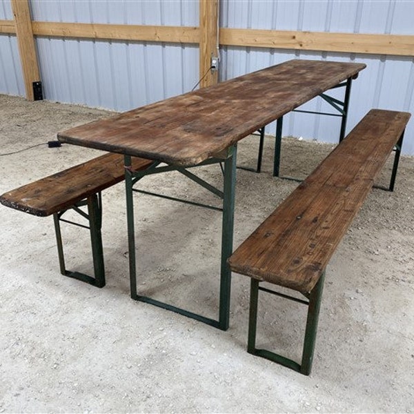 Wood Vintage German Beer Garden Table and Benches, Oktoberfest Picnic Table, D43, Patio Furniture Table, Folding Table, Portable Table