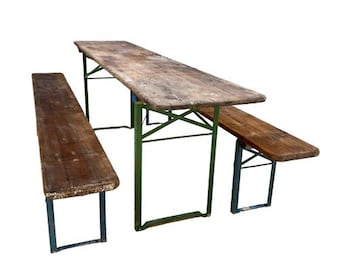 Wood Vintage German Beer Garden Table and Benches, Oktoberfest Picnic Table, D56, Patio Furniture Table, Folding Table, Portable Table