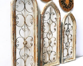 3 Large Arched Wood Metal Gothic Window Frames, Architectural Window Frame Set,