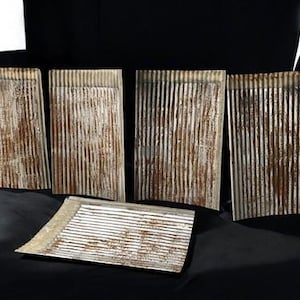 May include: Five weathered, corrugated metal panels with a rustic, aged appearance. The panels have vertical ridges and a distressed, brown and white color scheme, suggesting an antique or industrial aesthetic. The panels are arranged on a black surface.