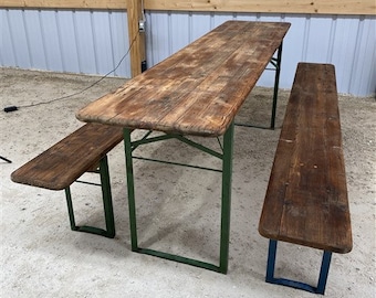 Wood Vintage German Beer Garden Table and Benches, Oktoberfest Picnic Table, D49, Patio Furniture Table, Folding Table, Portable Table