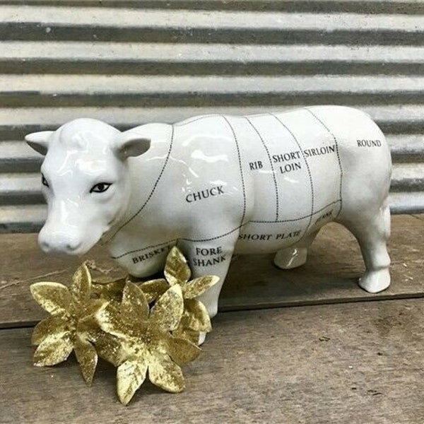 Model Cow Diagram Beef Figurine Decor, Porcelain Butcher Shop Decor, Meat Cuts, Porcelain Cow, Gift, Butcher Shop Cow, Butcher Cuts Chart