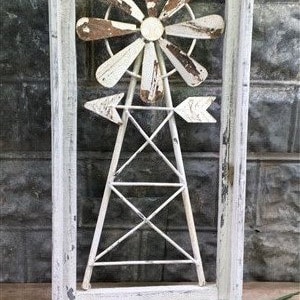 Windmill Wood Metal Window Frame, Rustic Farmhouse Decor, Windmill Decor A, White Wood Window Frame, Rustic Home Decor, Windmill Wall Hangin