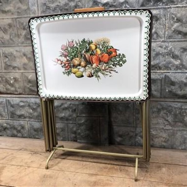 Retro Metal TV Television Trays, Set of 4 MCM Trays & Stand, Midcentury Decor