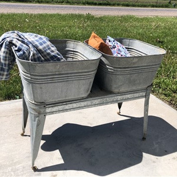 Wheeling Galvanized Double Wash Tub Beer Cooler Flower Pot Stand Bucket a22, Galvanized Double Tin Wash Tub, Rustic Farmhouse Planter Cooler