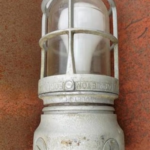 Pode incluir: Uma luminária industrial vintage com um globo de vidro transparente envolto em uma gaiola de metal. A luminária tem um acabamento prateado e é montada em um tubo de metal. A palavra "APPLETON" é visível.