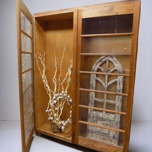 Vintage Wood Storage Cabinet Bookcase with Glass Doors, Rustic Cupboard Display Cabinet Shelves, China Cabinet, Pantry, Showcase