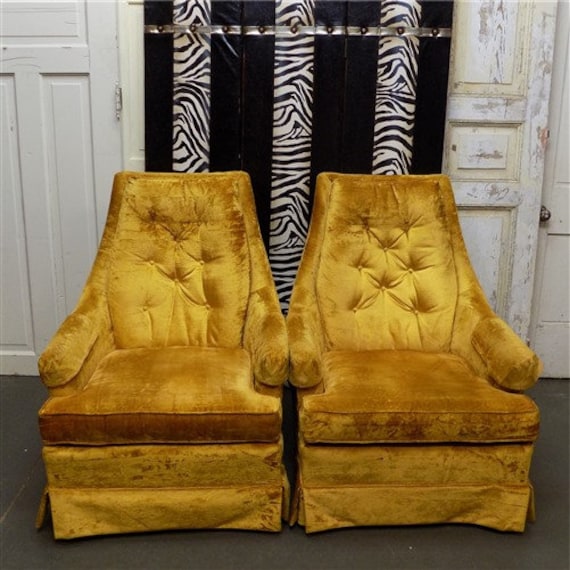 Set Of 2 Vintage 60s 70s Yellow Crushed Velvet Upholstery Etsy