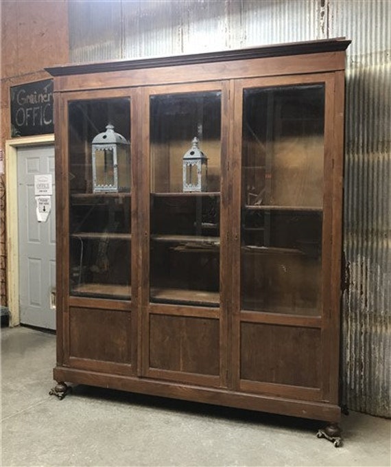 Antique Bookcase W Beveled Glass Doors Display Cabinet Etsy