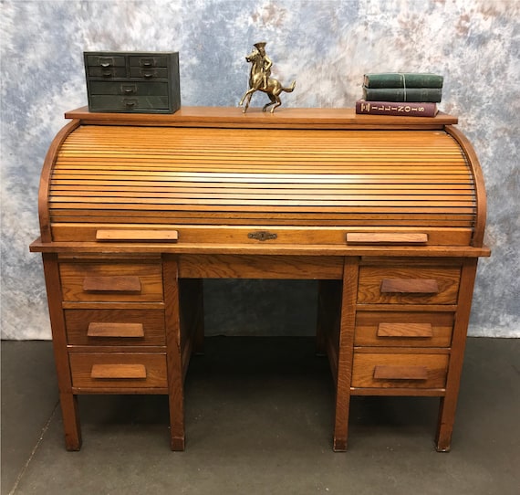4'6 Vintage Oak Roll Top Desk Computer Desk Home Etsy