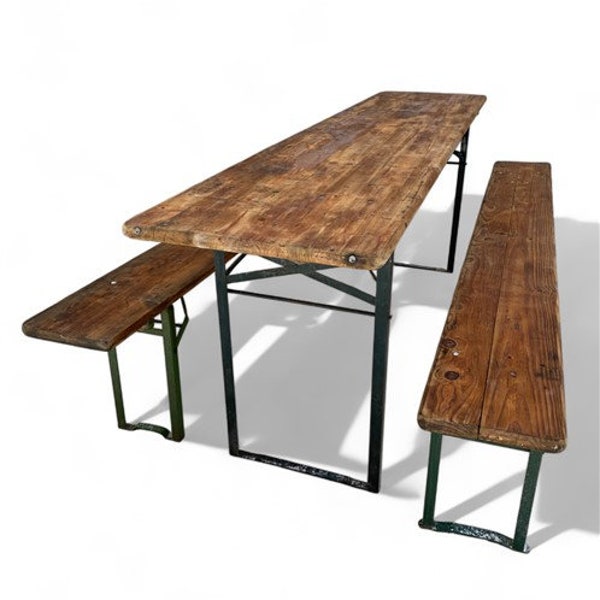 Wood Vintage German Beer Garden Table and Benches, Oktoberfest Picnic Table, D63, Patio Furniture Table, Folding Table, Portable Table
