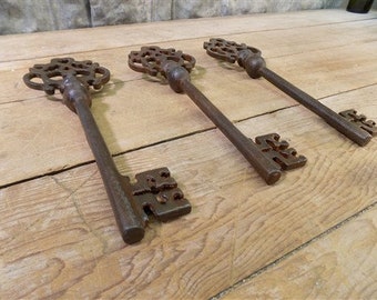 3 Large Cast Iron Skeleton Keys, Victorian Lock Hardware