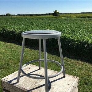 Könnte beinhalten: Ein grauer Metallhocker mit einer runden Sitzfläche. Der Hocker steht auf einer Holzplattform in einem Feld mit grünen Pflanzen.