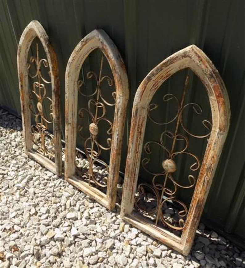 Trio Matching Arched Wood Metal Gothic Windows, 12x29 Architectural