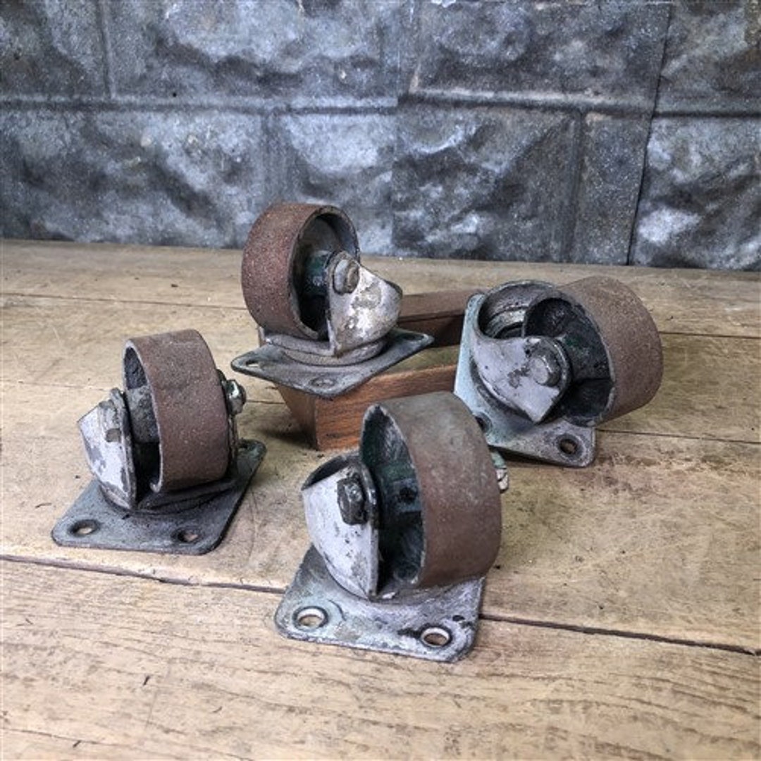 4 Vintage Cast Iron Factory Cart Dolly Wheels Industrial Age Swivel Vintage A81, Factory Cart