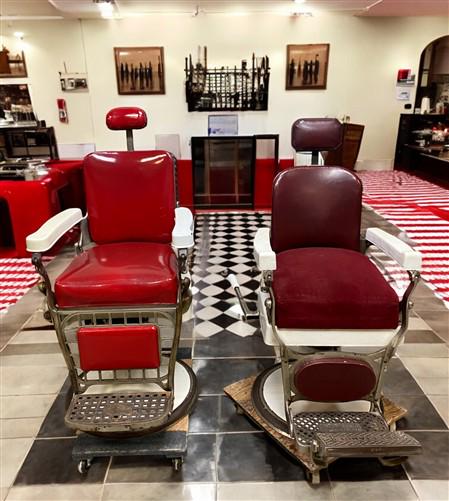 Pair of Vintage Red Barber Chairs, Mid Century Barbershop Salon