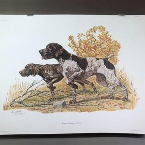 Könnte beinhalten: Ein Vintage-Druck mit zwei Deutsch Kurzhaar-Vorstehhunden in einer Jagdszene. Die Hunde sind braun und weiß mit schwarzen Nasen und laufen durch hohes Gras. Der Druck ist vom Künstler "Kenneth Wyatt" signiert.