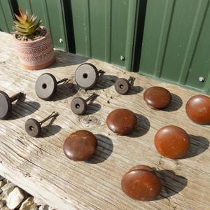 May include: A collection of wooden knobs and pulls in various sizes and shapes, displayed on a weathered wooden surface. The knobs are a warm brown color, and some have a circular design. A small potted succulent is in the background.