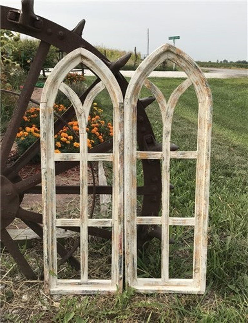 Pair Arched Farmhouse Window Frames Wood Gothic Image 0