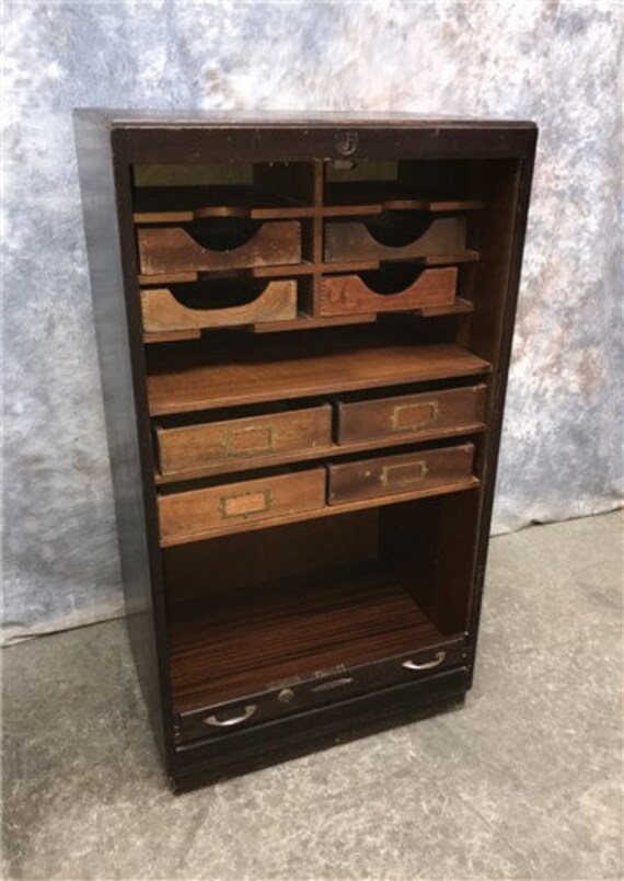 Vintage Wood Roll Top Filing Cabinet Desktop Document Etsy