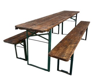 Wood Vintage German Beer Garden Table and Benches, Oktoberfest Picnic Table, D44, Patio Furniture Table, Folding Table, Portable Table