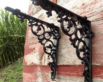 Pair Cast Iron Shelf Brackets, 8 inch Art Deco Vintage Style Shelf Hardware, A