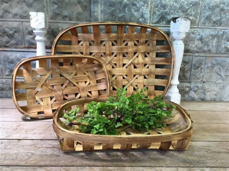 3 Rounded Wood Tobacco Baskets Farmhouse Woven Baskets Etsy