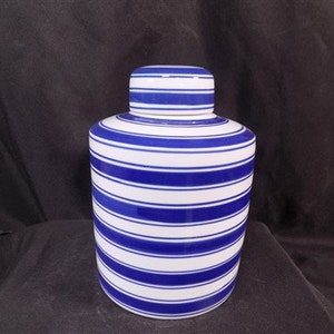 Blue & White Wide Stripe Ginger Jar, 8 Chinese Porcelain Decor, Chinoiserie L,